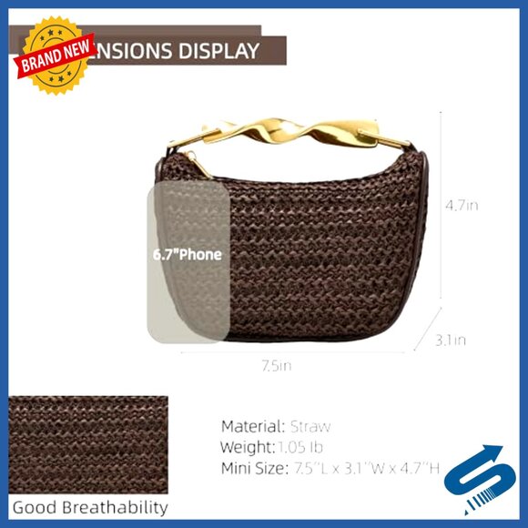 Mini Straw Clutch Crossbody Shoulder Bag Handwoven Boho Summer Evening Purse - Picture 4 of 7